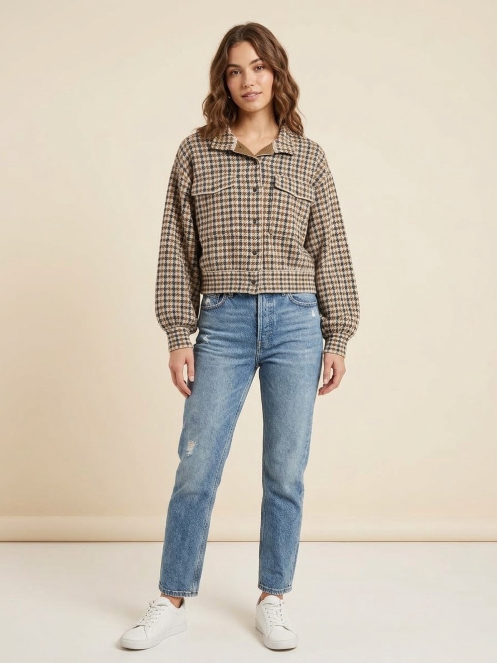 Marled Cropped Houndstooth Knit Jacket